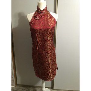 Da Hwa Red Medium Silk Asian Style Halter Occasion Dress